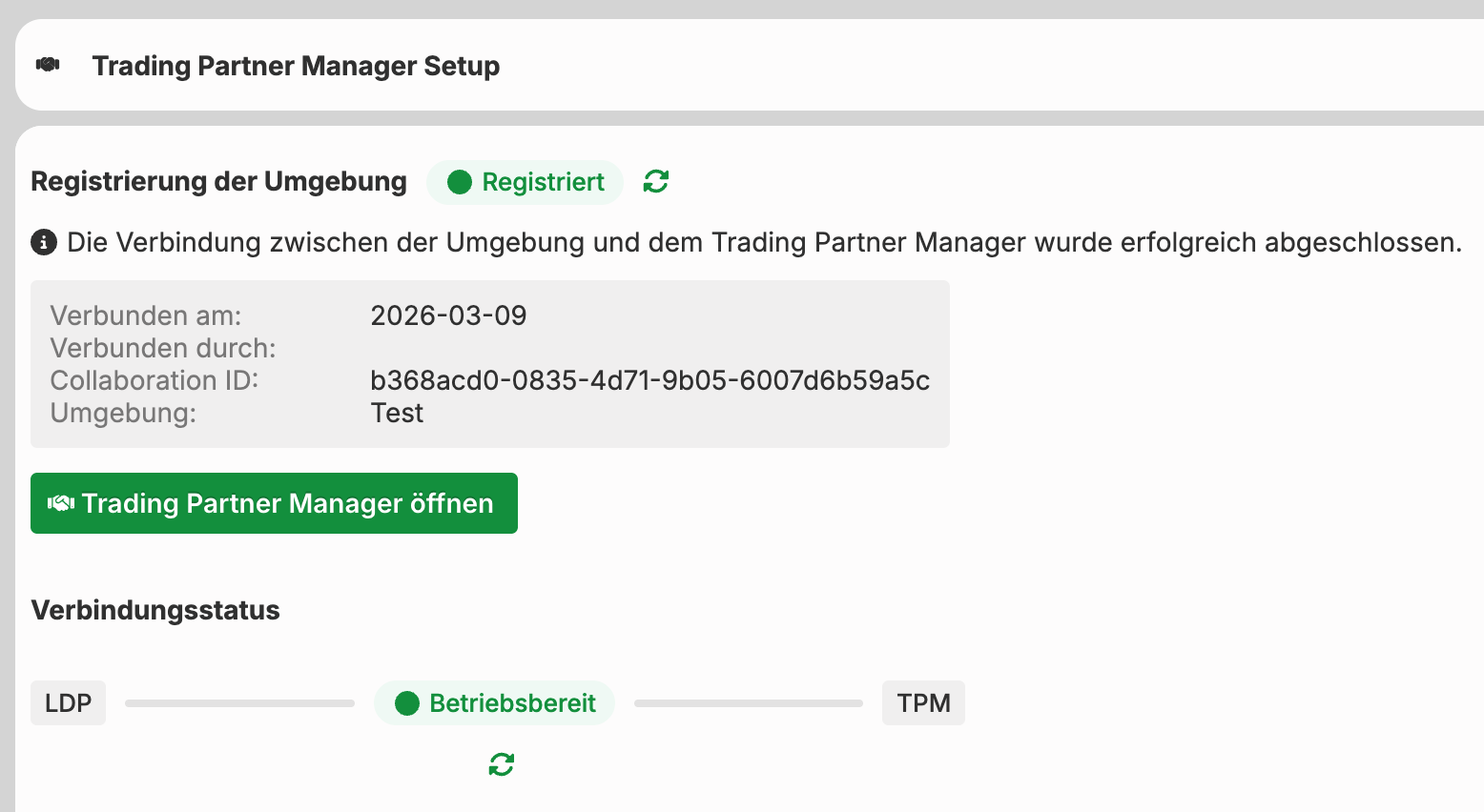 Trading Partner Manager setup showing registration details and connection status information.