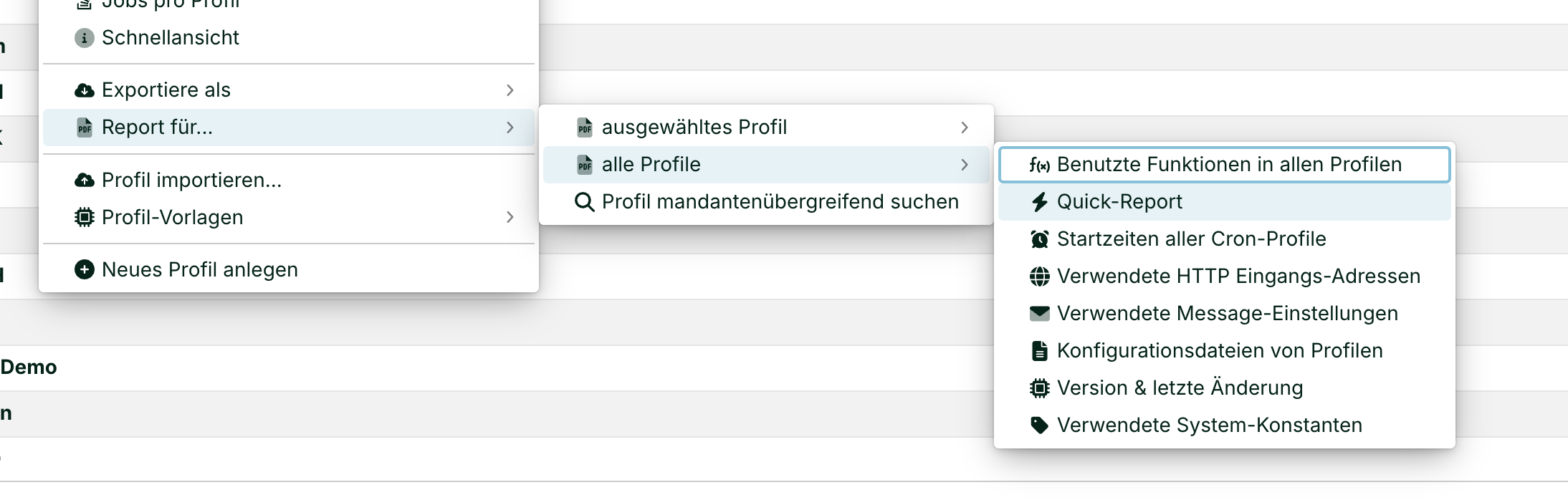 Menu options for generating reports and managing profiles in a software application.