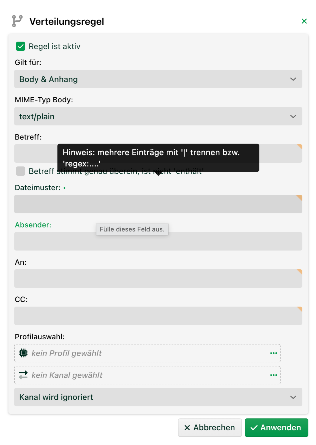 Dialog Verteilungsregel mit Eingabefeldern für Gilt für, MIME-Typ Body, Betreff, Dateimuster, Absender, An, CC und Profilauswahl.
