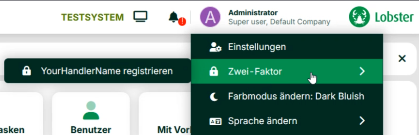 User interface showing settings options including two-factor authentication and language change.