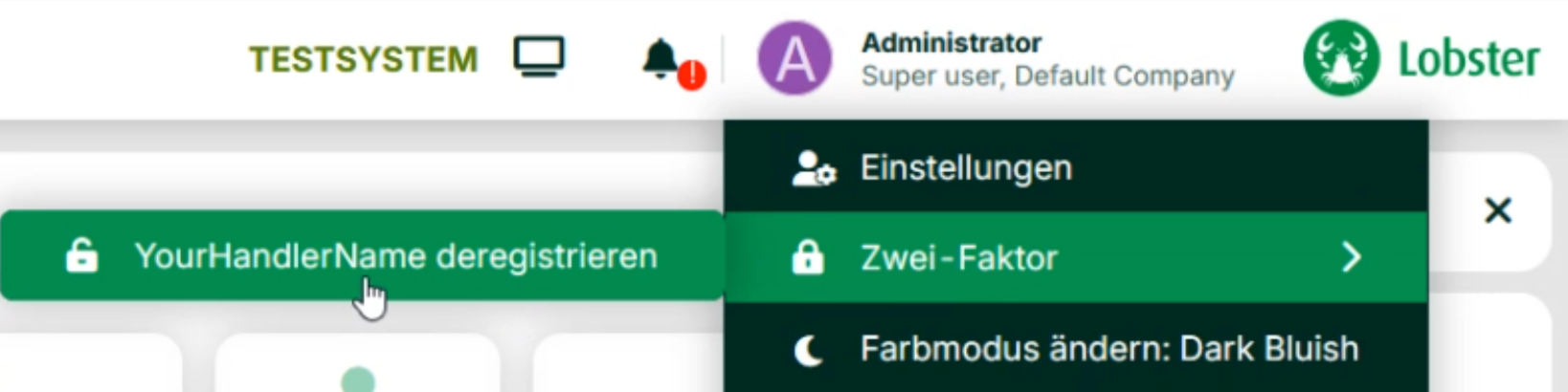 User settings menu displaying options like two-factor authentication and language change.