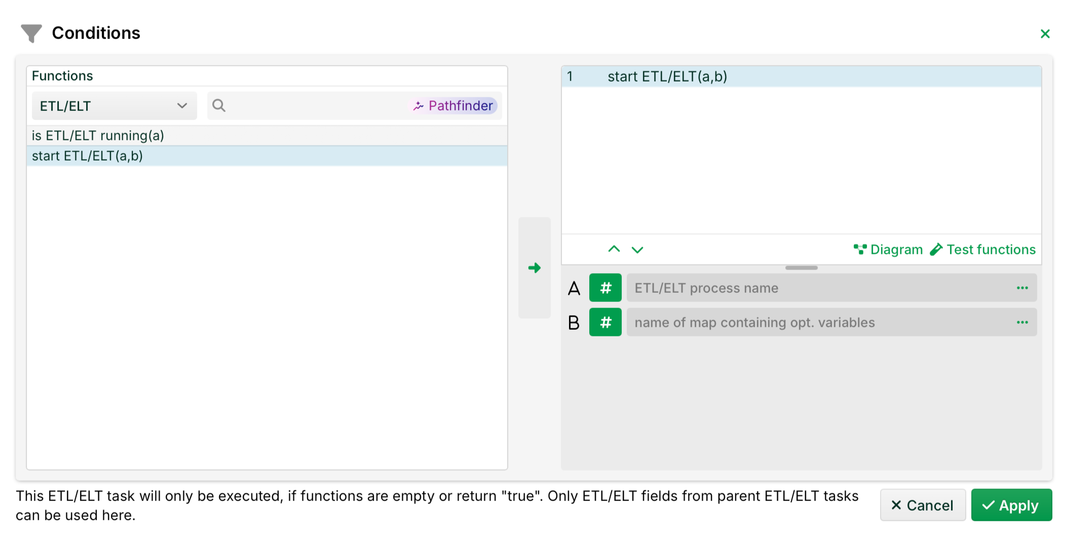 ETL/ELT task setup with function options and parameters for execution.