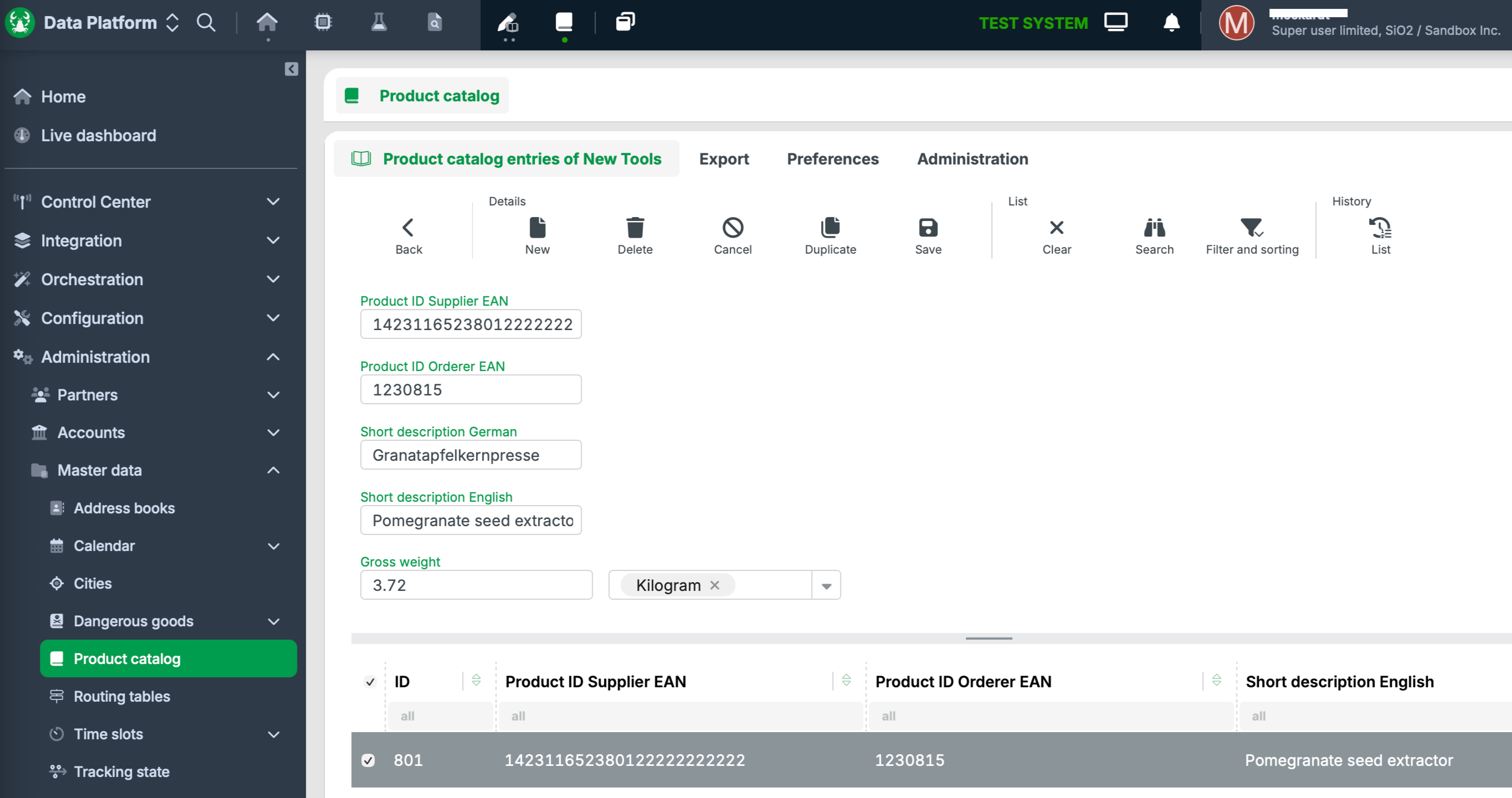 Product catalog interface displaying supplier and order EANs with descriptions and weight.