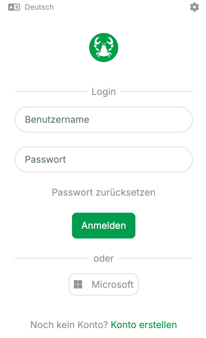 Login screen with fields for username and password, and options to reset password.