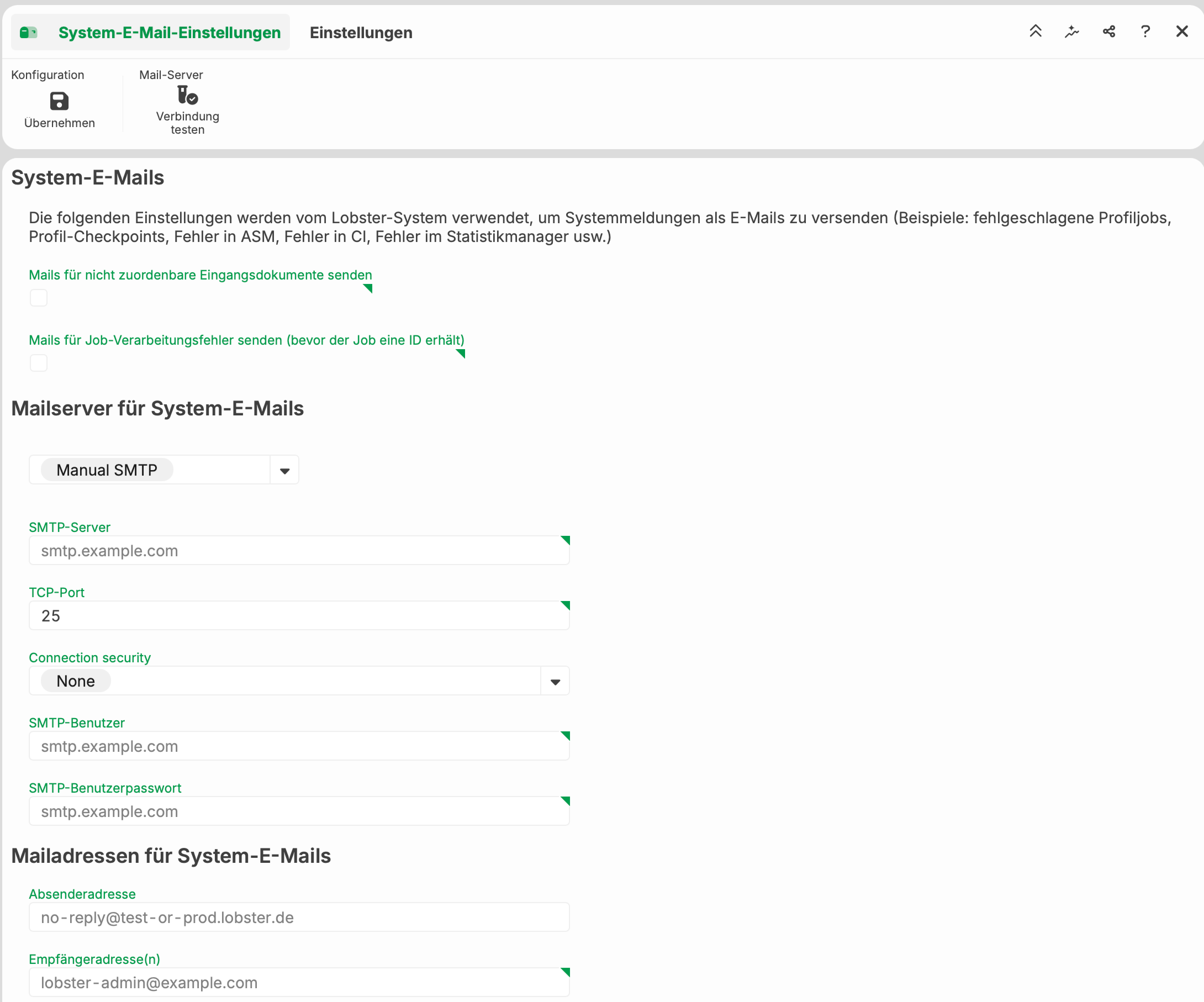 Übersicht der System-E-Mail-Einstellungen mit Werkzeugleiste, Systemmeldungen und Mailserver-Konfiguration