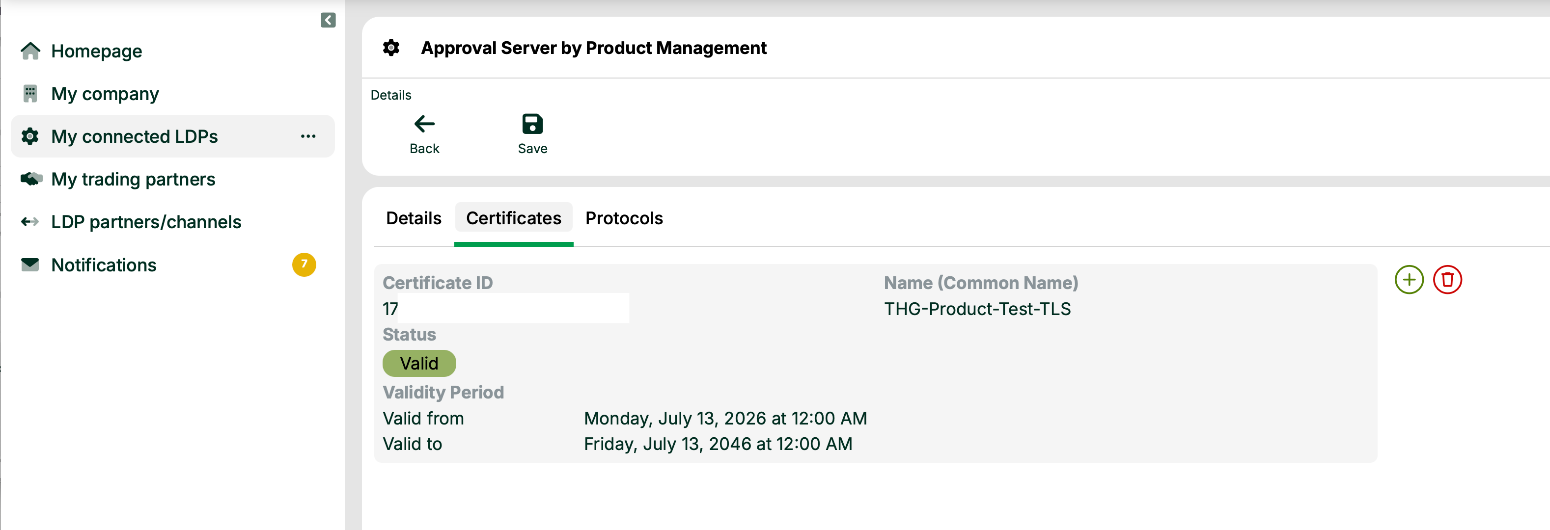 Certificate details showing ID, status, and validity period for product management approval.