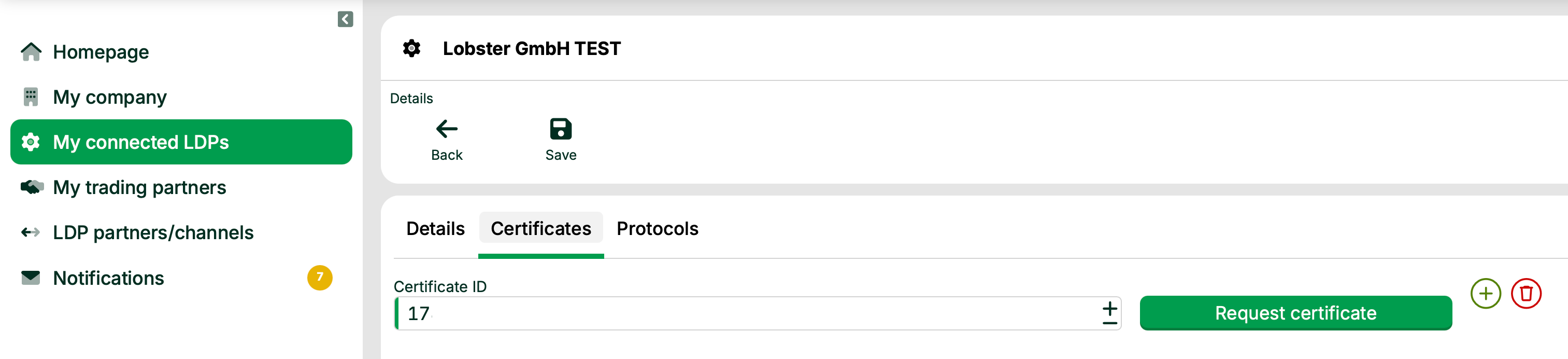 User interface displaying connected LDPs with certificate ID input and navigation options.
