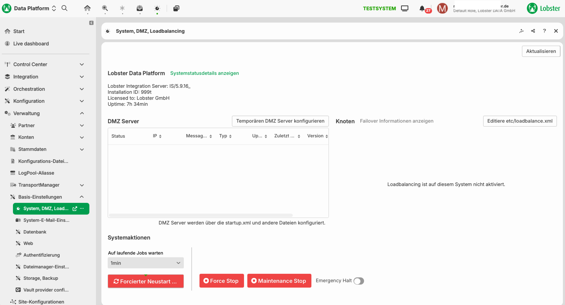 Seite System, DMZ, Loadbalancing mit DMZ-Server-Status und Systemaktionen