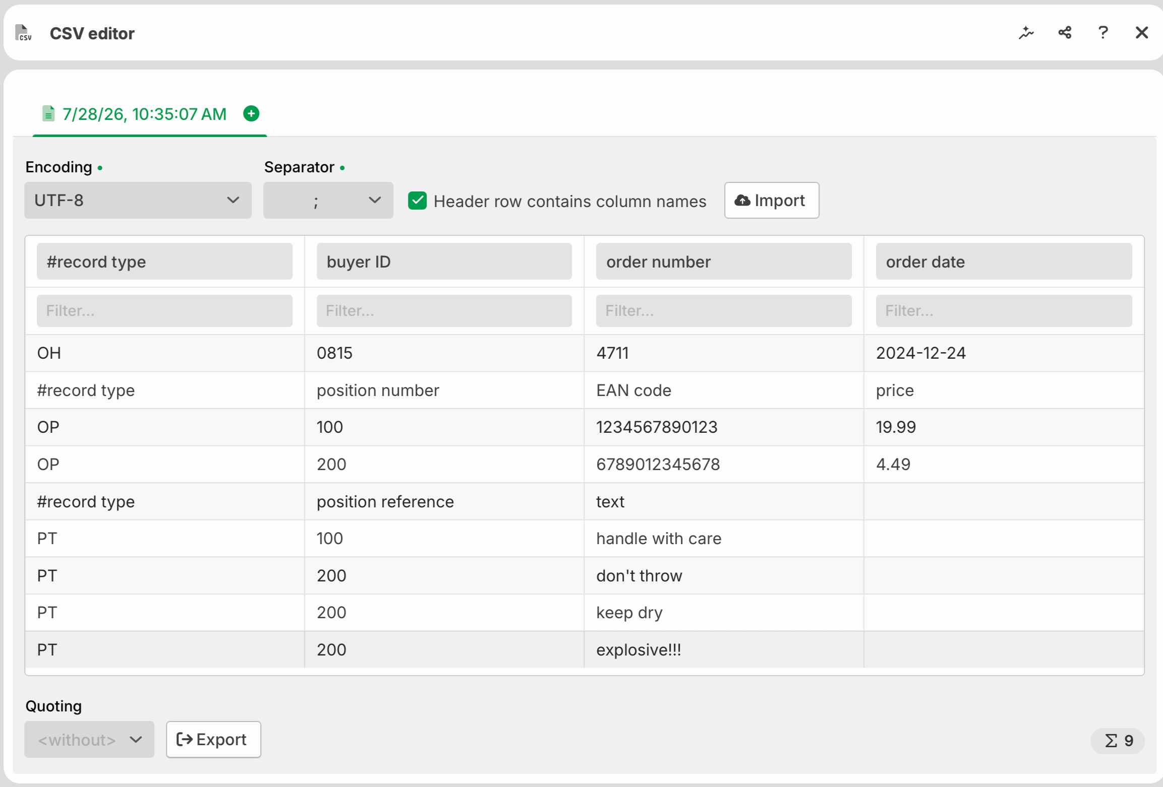 CSV-Editor, der Bestelldaten wie Käufer-ID und Produktanweisungen anzeigt.