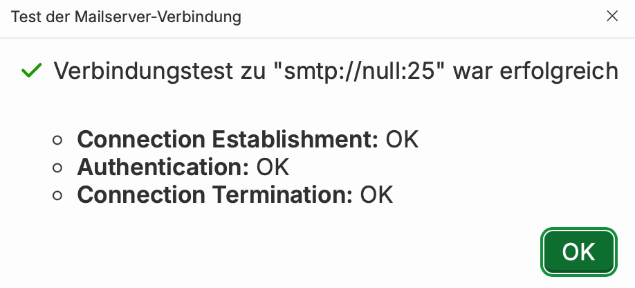 Dialogfenster mit den drei Prüfschritten des Verbindungstests und deren Ergebnis
