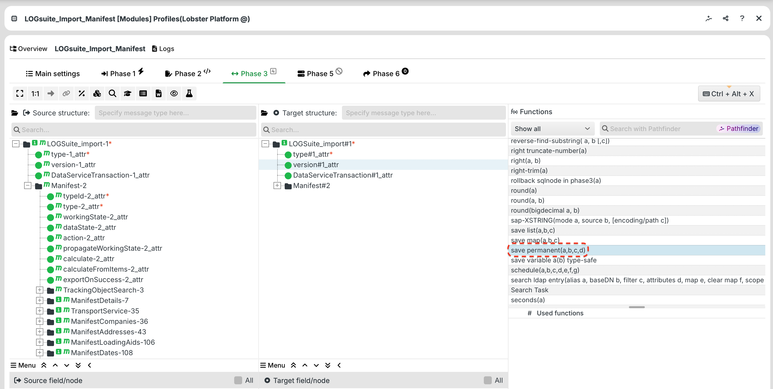 Overview of LOGSuite Import Manifest with highlighted functions and data attributes.