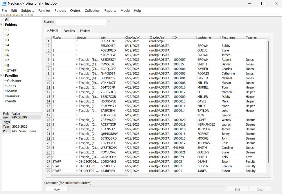 A table displaying folders, families, and subjects with various details and tags.