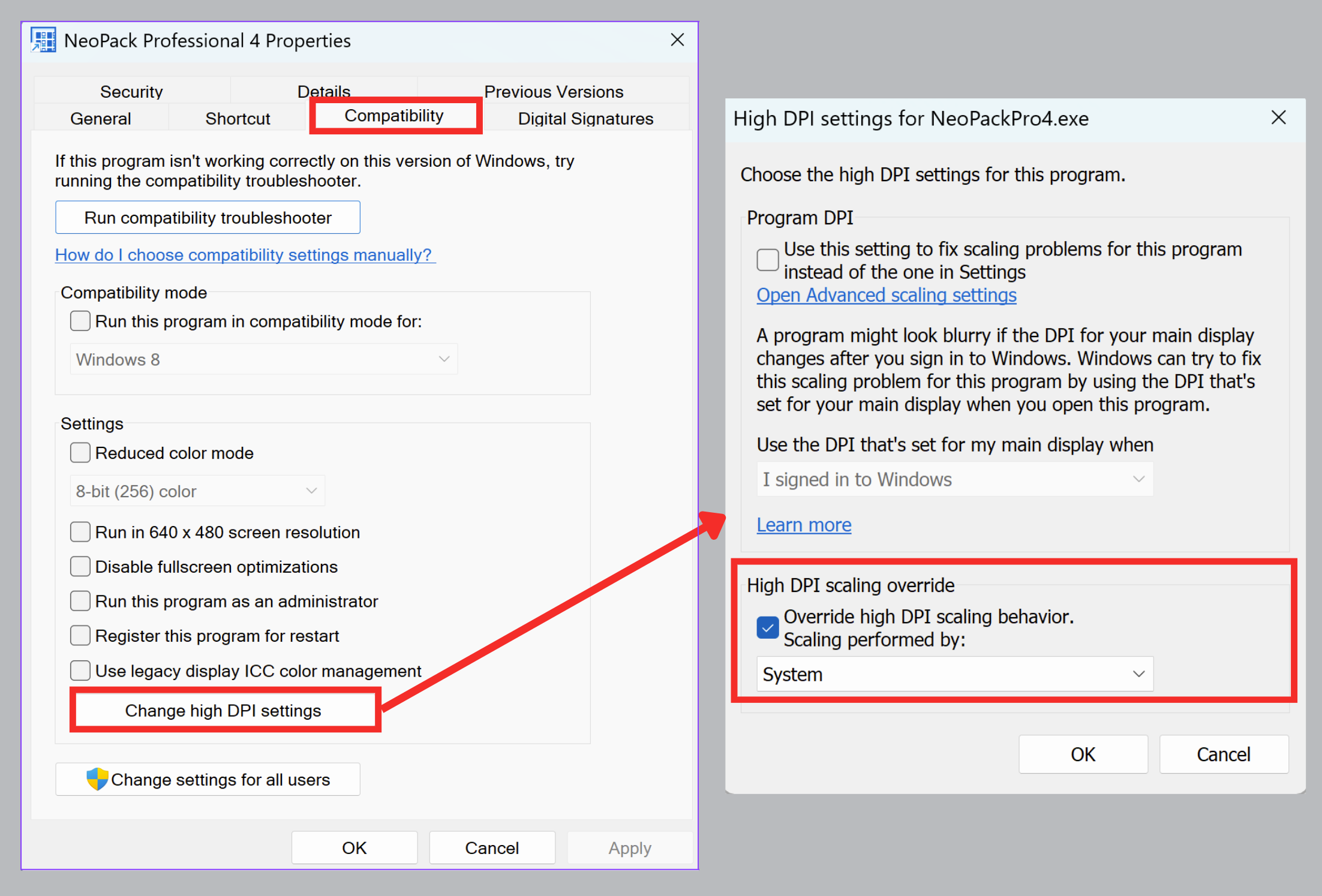 NeoPack compatibility settings with highlighted options for high DPI scaling adjustments.