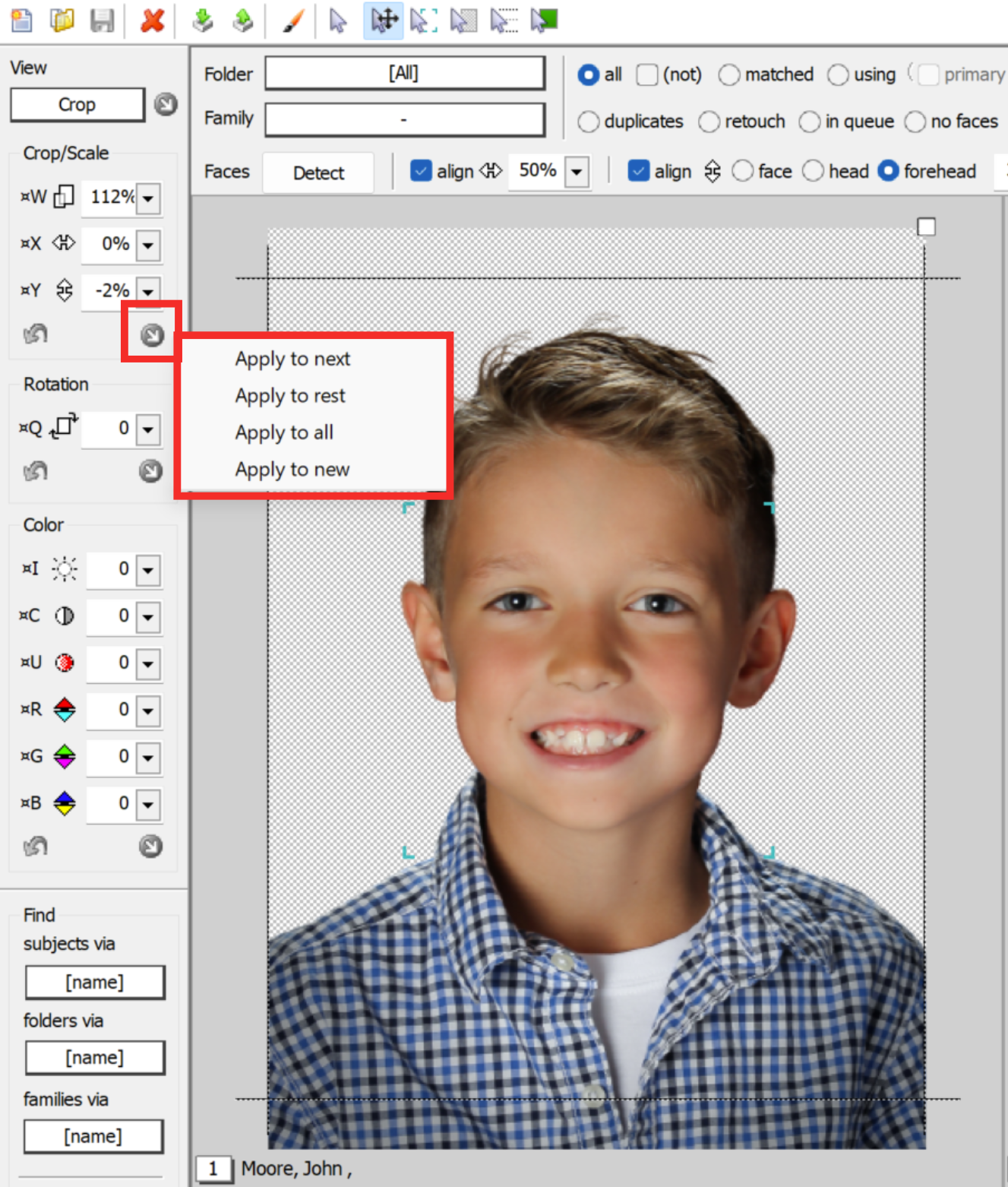 A young boy smiling, with editing options highlighted on the left side.