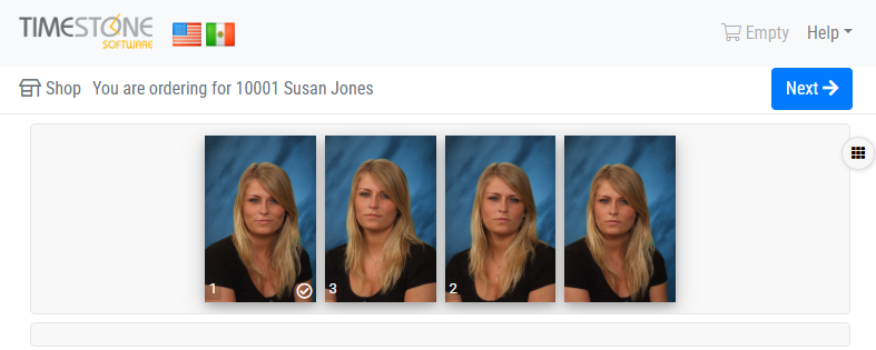 Four photos of a woman, with one selected for ordering identification.
