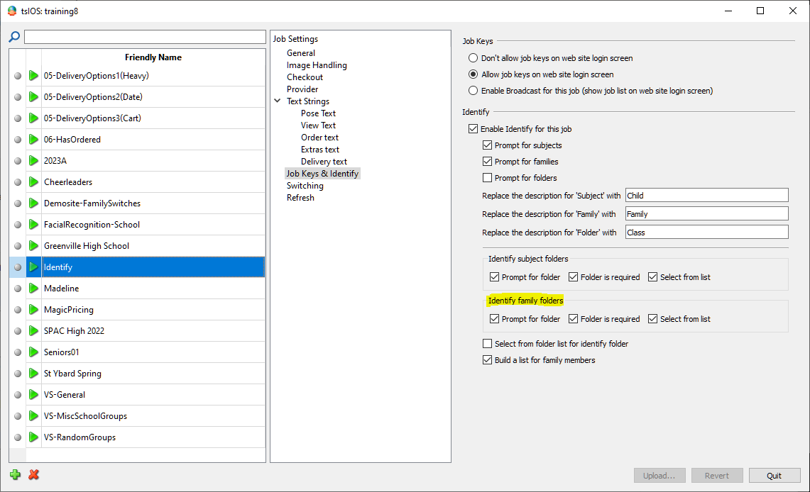 Setting the options to prompt the customer to select a folder for the family.