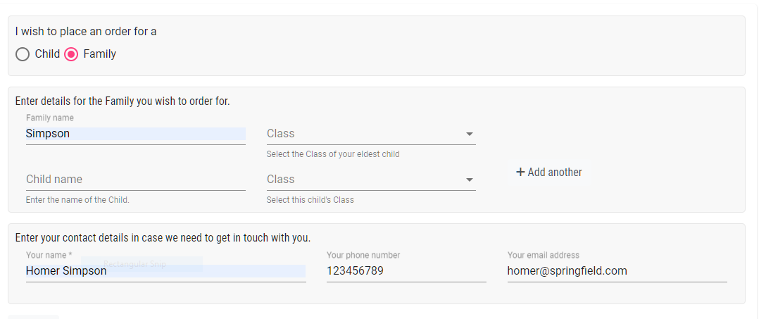Prompting the online customer to select a folder for the family.