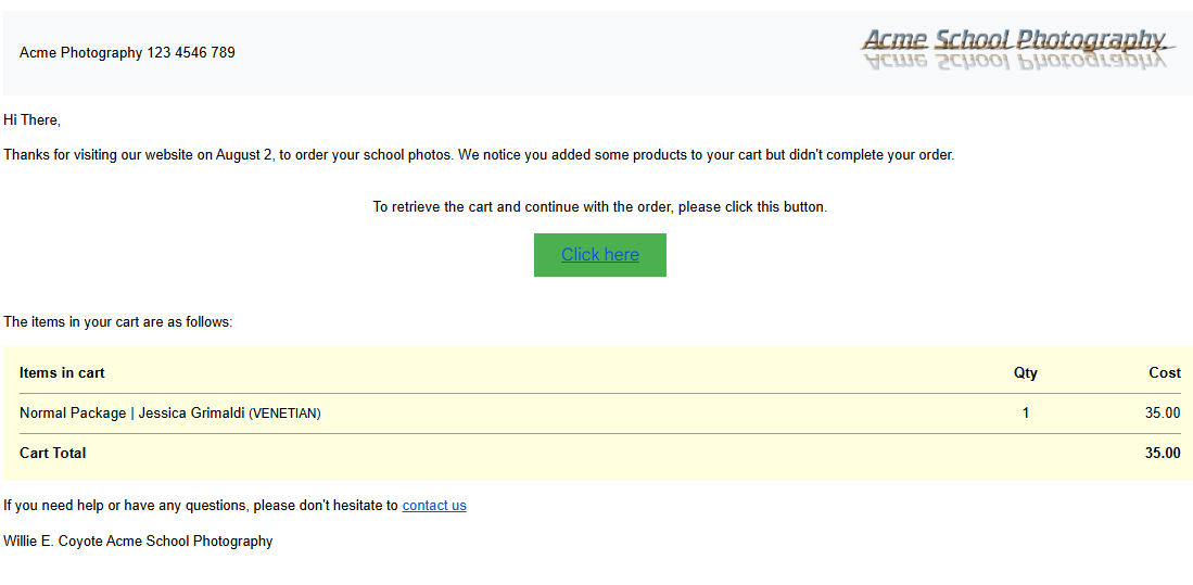 Order reminder email for school photos with cart details and total cost.