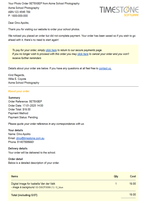 The Payment Reminder email