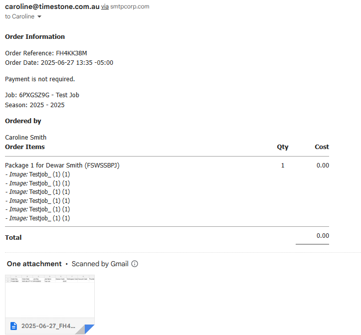 Order confirmation email detailing items and total cost for Dewar Smith's package.