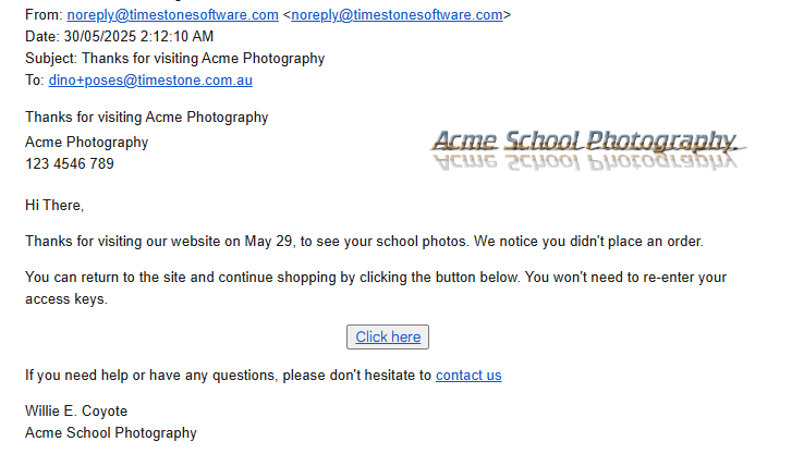 Email confirmation from Acme Photography regarding school photo viewing and order reminder.