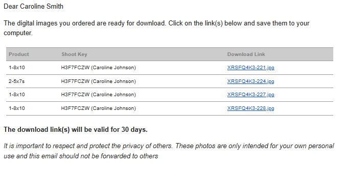 Email notification for downloading ordered digital images with download links provided.