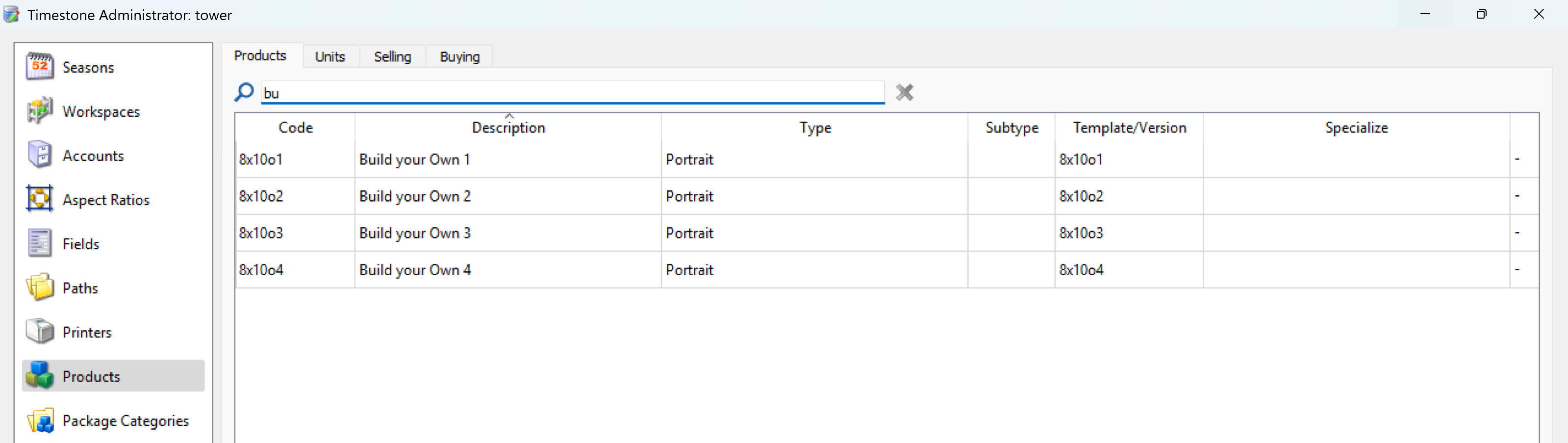 Timestone Administrator interface displaying product codes and descriptions for custom portraits.