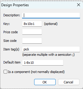 Design properties window displaying fields for item description, key, and tags.