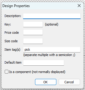 Design properties window with fields for description, key, price code, and item tags.