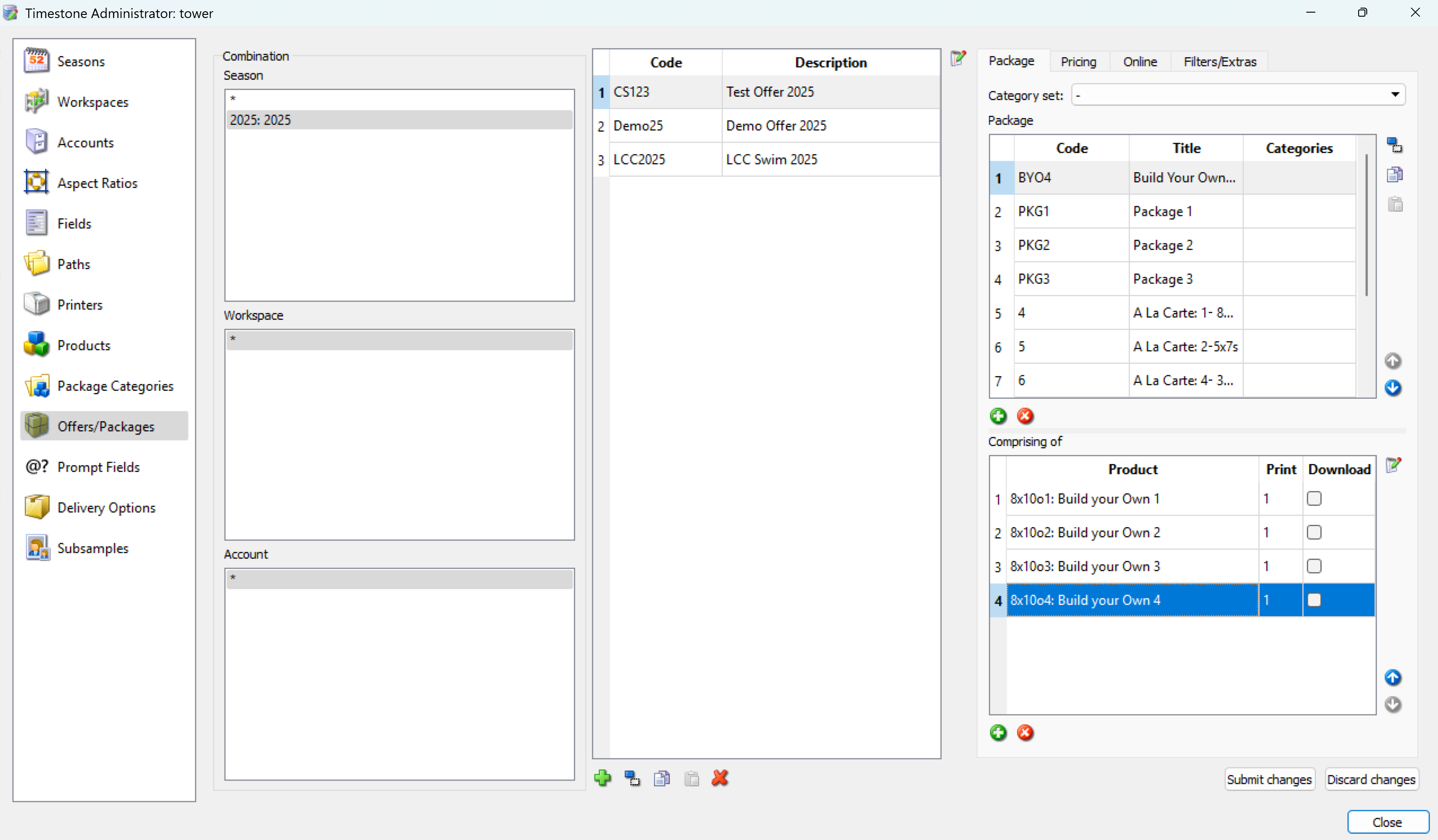 Timestone Administrator interface displaying offers, packages, and account details for 2025.