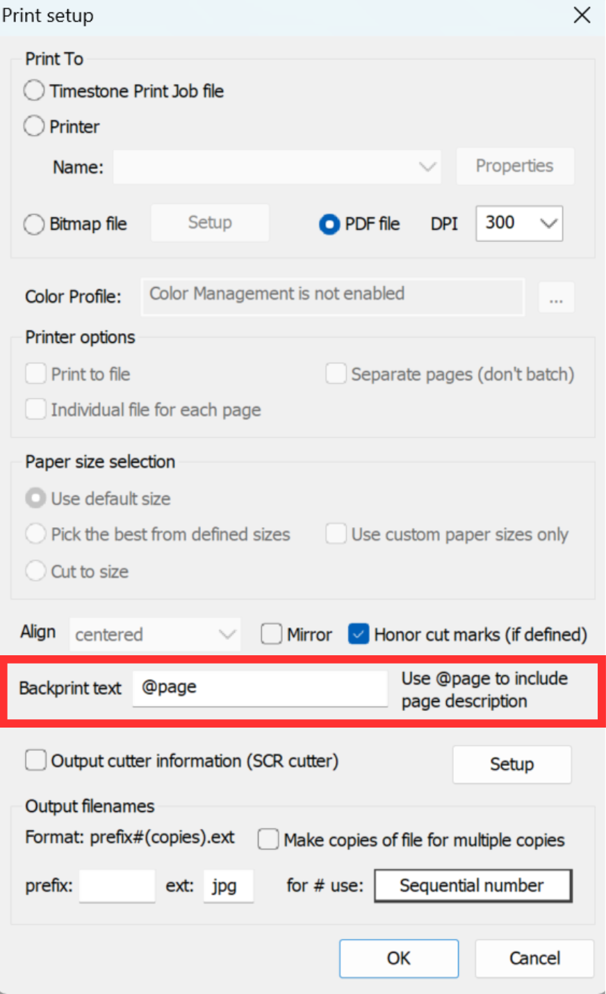 Print setup window showing options for file type, printer settings, and backprint text.