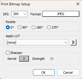Print Bitmap Setup window showing DPI, format, rotation, and sharpening options.