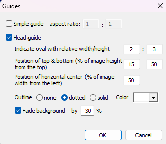 Settings menu for guide options including aspect ratio and outline preferences.