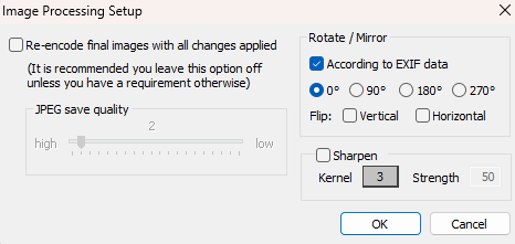 Image processing setup options including JPEG quality and rotation settings.