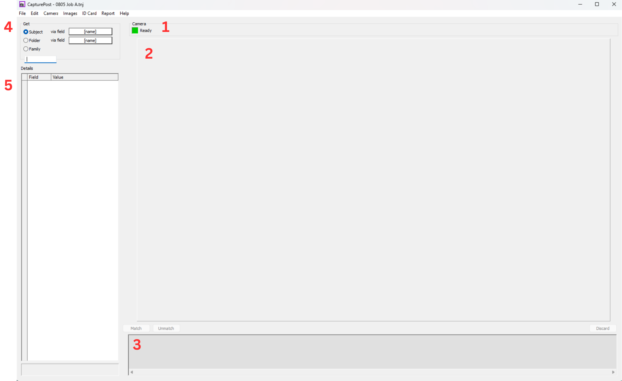 CapturePost interface displaying camera status and fields for data entry.