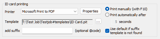 ID card printing settings with printer selection and template path displayed.