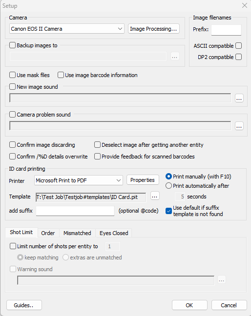 Setup window for ID card printing with various printer and template options displayed.