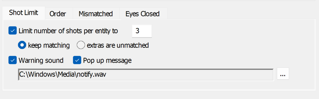 Settings for shot limits, warning sounds, and pop-up messages in a software interface.