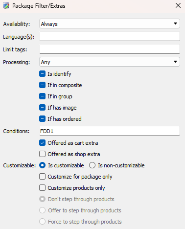 Settings for package filter options including availability, language, and customization features.