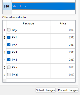 Options for extra packages with prices listed for selection in a shop interface.