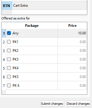 Options for extra packages with prices listed for selection in a cart interface.
