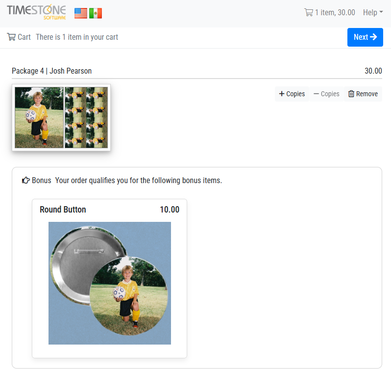 Shopping cart displaying a package and bonus item options for purchase.