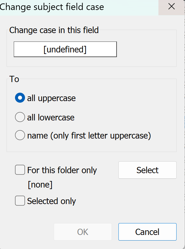 Options to change the case of a subject field in a software interface.