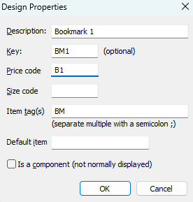 Design properties window displaying fields for bookmark details and options.