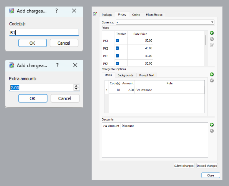 Input fields for adding charges with code B1 and amount of 2.00 displayed.