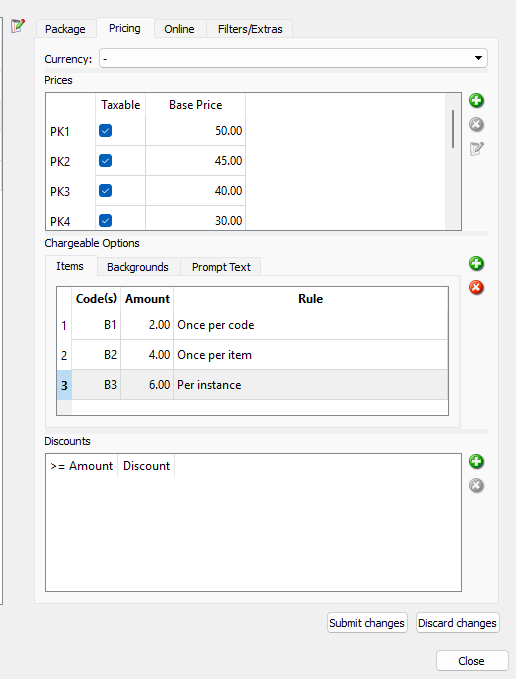 Pricing table showing taxable items, chargeable options, and discount rules for services.