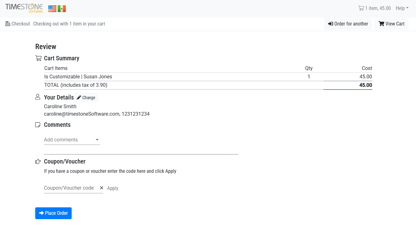 Review page showing cart summary, user details, and total amount for checkout.