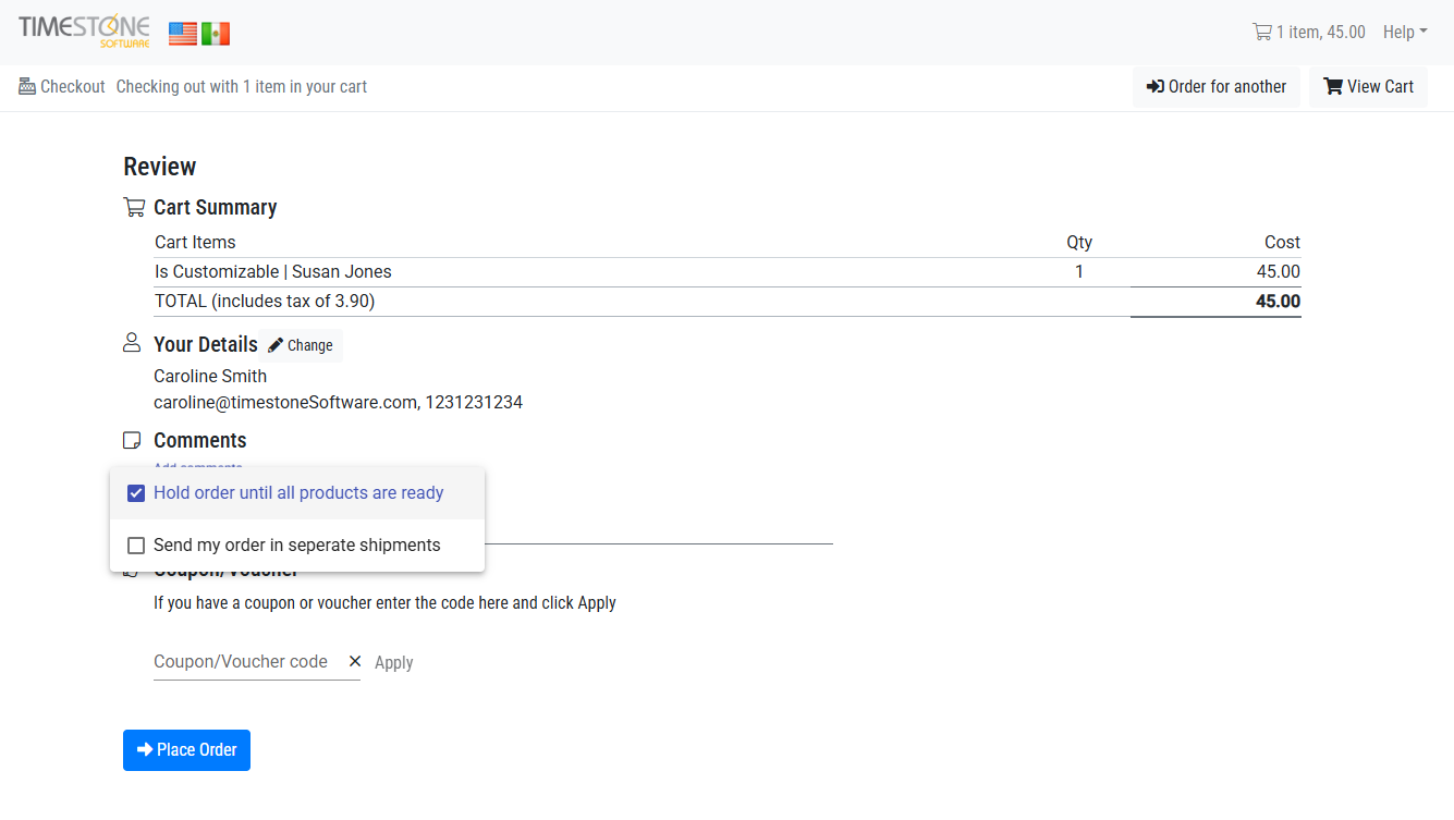 Review of cart items, including total cost and order details for checkout, with the Comment options highlighted.