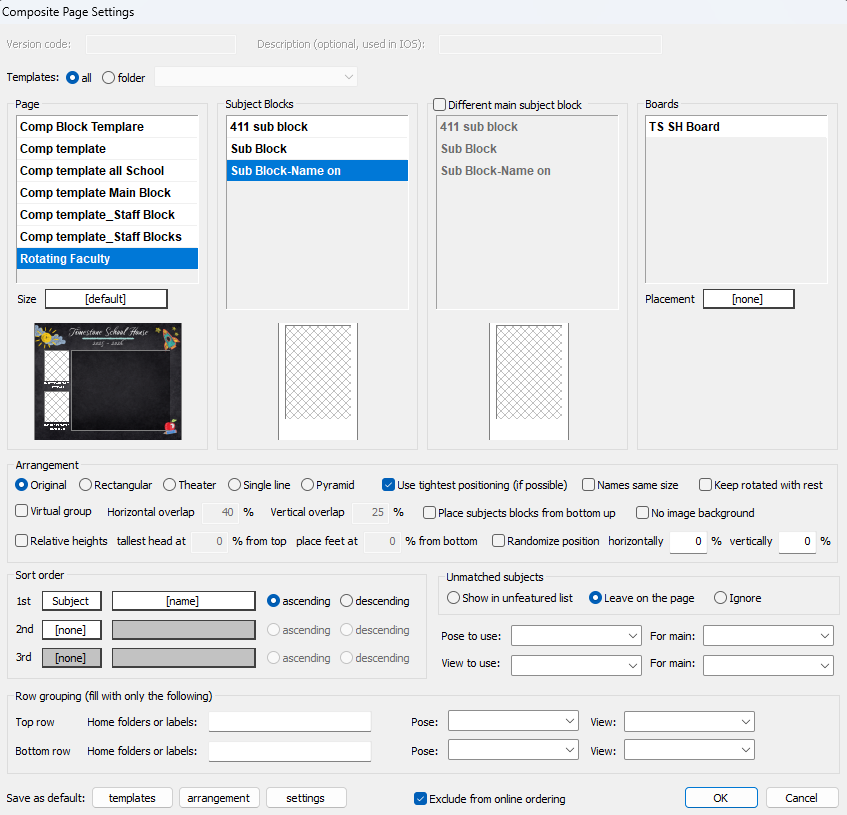 Composite page settings for arranging subject blocks and templates in a school system.