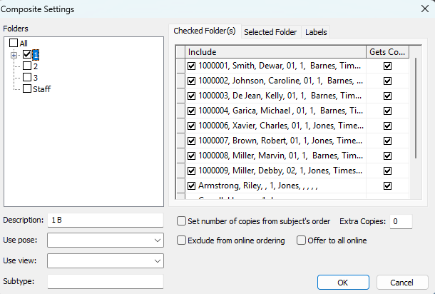 Composite settings window displaying folder options and selected items for document management.